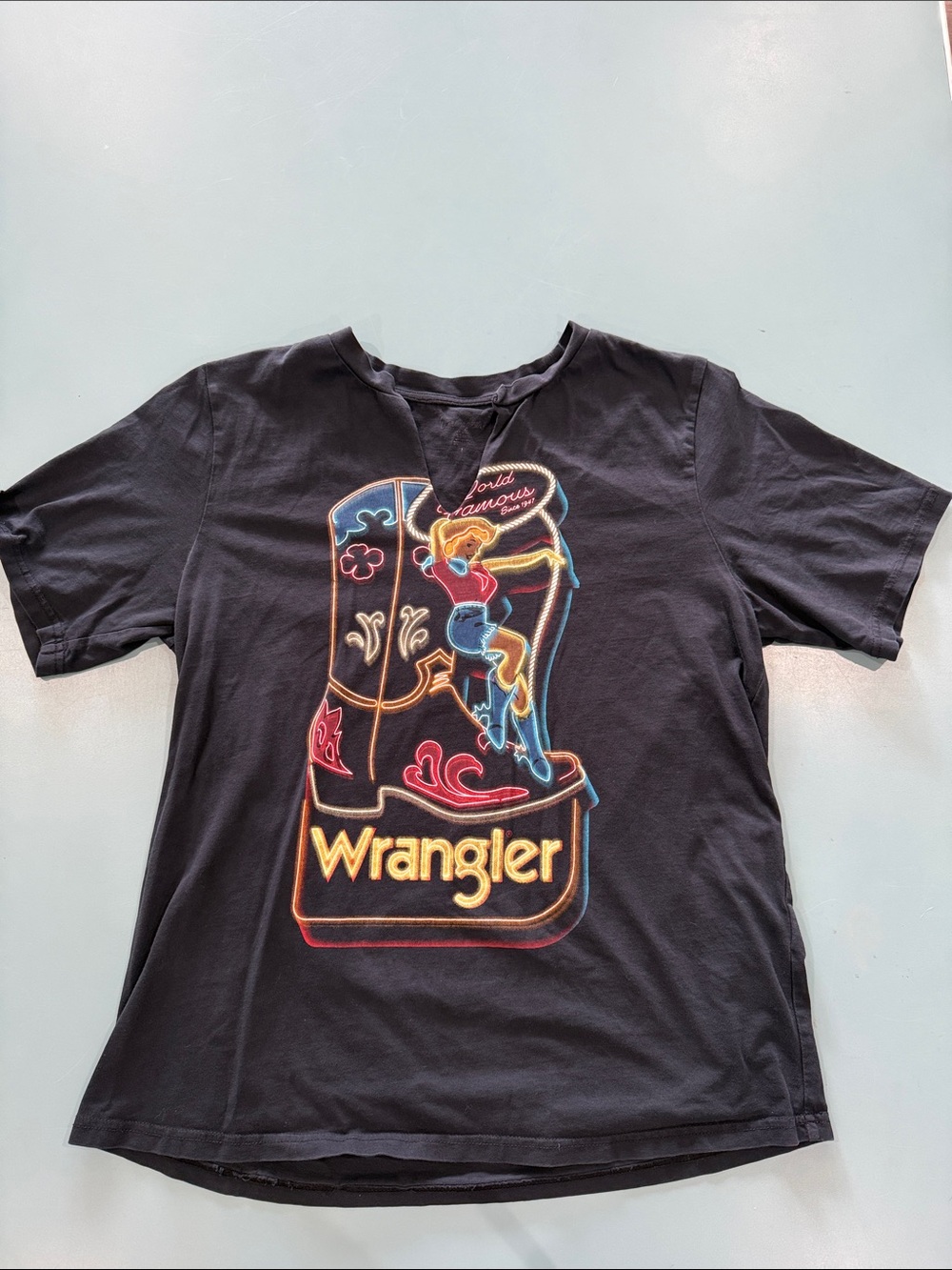Wrangler Black Tee with Neon Western Boot Graphic